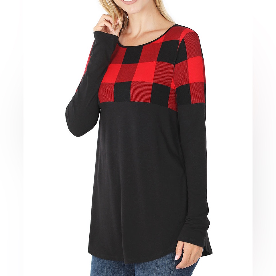 U Dear Women's Long Sleeve Buffalo Plaid Top Black Red Size Medium